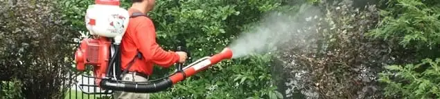 Mosquito control technician fogging shrubs and landscaping for mosquito treatment in Bloomington, IN