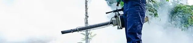 Pest control technician fogging an outdoor area for insect control in Bloomington, IN